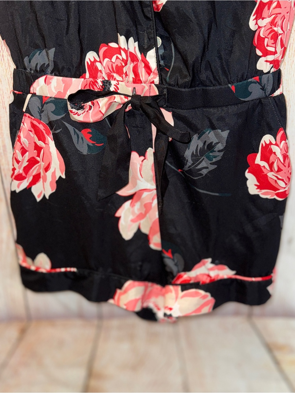 VICTORIA'S SECRET Intimates Black Satin Pink Floral Romper Tie Elastic Waist XS - Picture 4 of 13